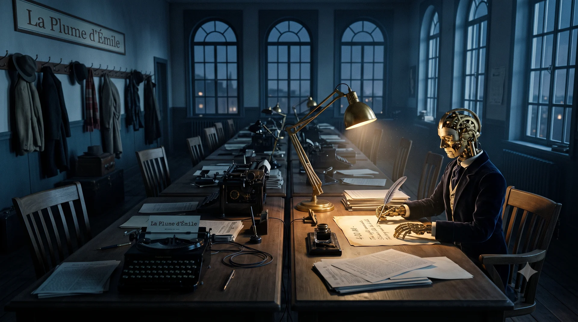 &Eacute;mile, automate de laiton en costume, &eacute;crit &agrave; la plume sous une lampe dans la salle de r&eacute;daction d&eacute;serte de La Plume d'&Eacute;mile