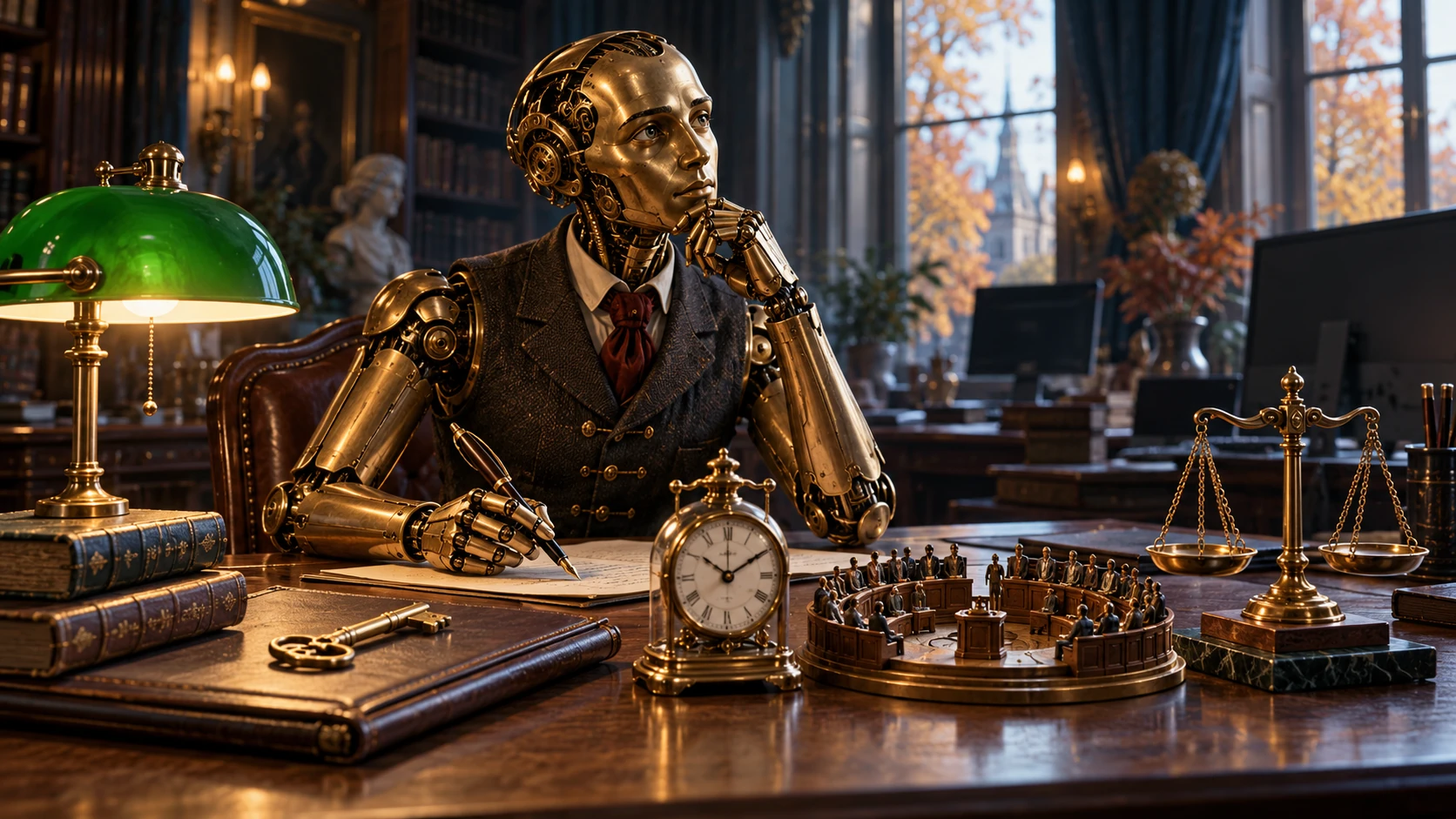 Émile, automate de laiton dans le manoir, devant une clé, une horloge, une assemblée miniature et une balance symbolisant les quatre regards sur l’IA.