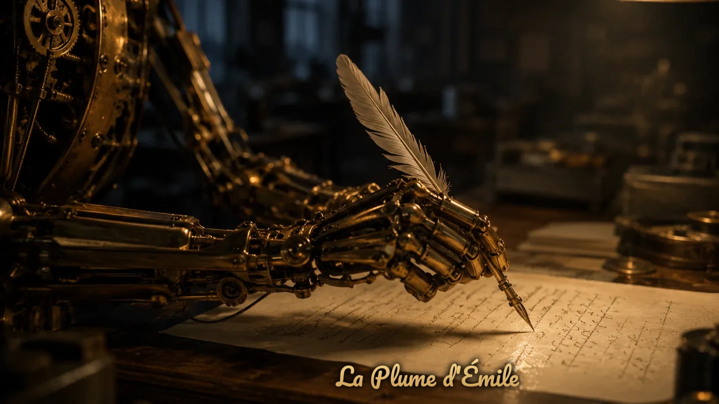 Un automate de laiton écrit à la plume dans une rédaction déserte — La Plume d'Émile
